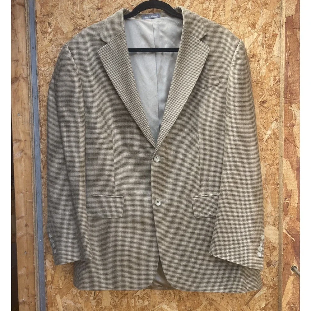 Oscar De La Renta Wool Silk Suit Jacket Blazer Mens Size 42R Brown Houndstooth